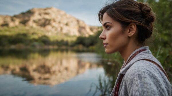 mujer mirando al infinito con un paisaje de fondo