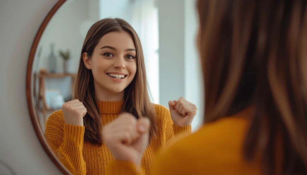 mujer hablando con ella misma en el espejo