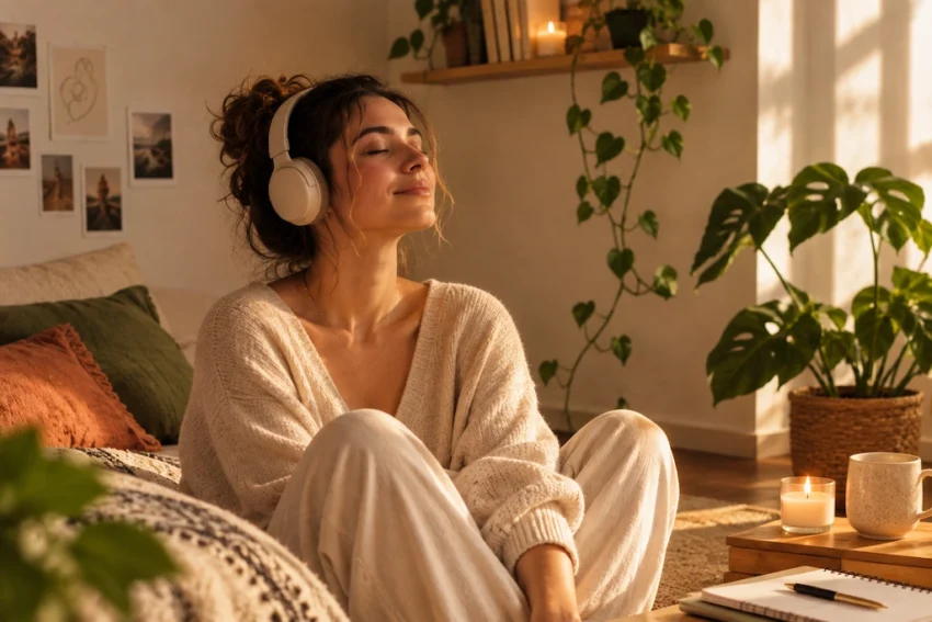 mujer sentada, escuchando musica de forma relajada